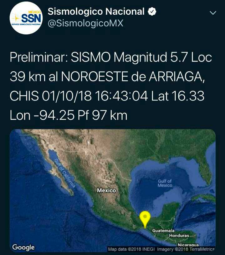 Sin daños por sismo 5.4  en Cintalapa, Chiapas: CEPCO