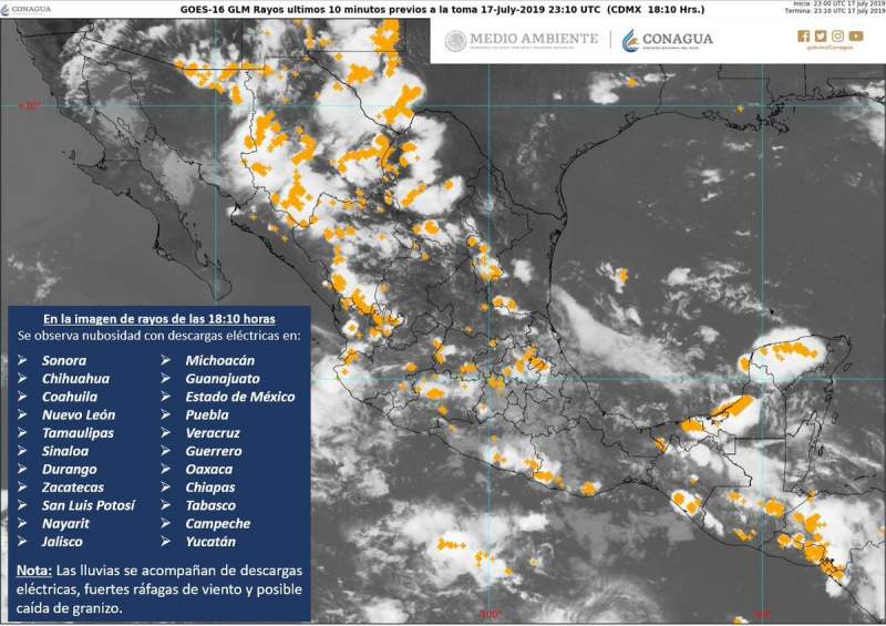 Prevén lluvias intensas en Sonora y muy fuertes en Chihuahua, Sinaloa, Jalisco, Colima, Michoacán, Guerrero, Oaxaca y Veracruz