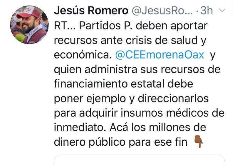 Propone Jesús Romero que partidos políticos aporten recursos económicos a contingencia por Covid-19