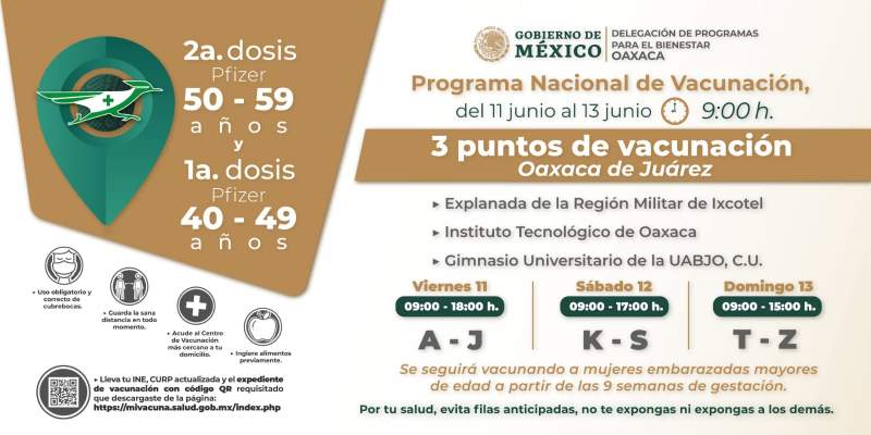 Aplicarán vacuna contra COVID-19 a personas de 50 a 59 años segunda dosis y primera dosis a 40 a 49 años en Oaxaca de Juárez